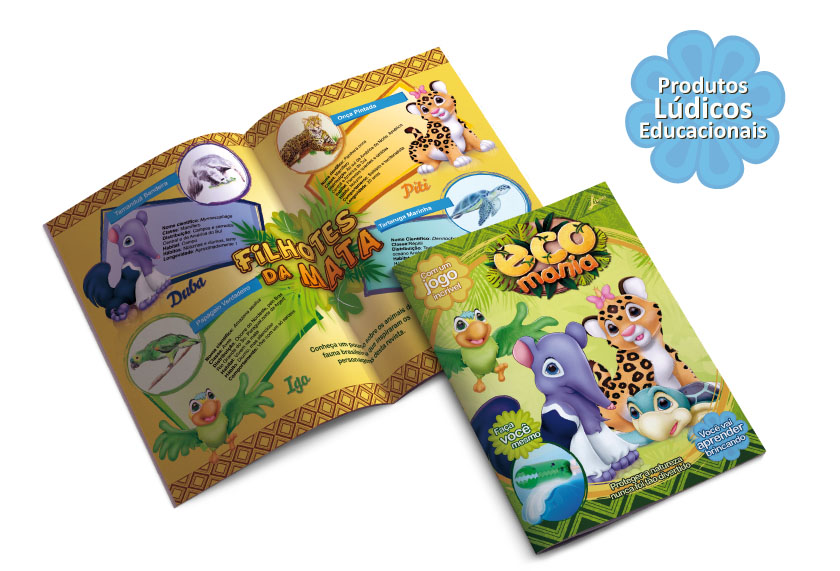 Capa e páginas interna da revista infantil sobre ecologia Eco Mania